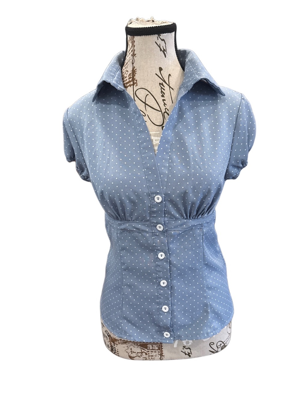 Polka Dot Button-Front Blue Women's Blouse, XS